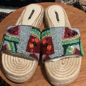 ZARA Beaded Espadrille Platform Slide Sandals - Multicolor